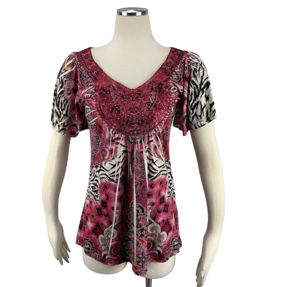 ONE WORLD XS Blouse Pink Hippy Boho Soft Stretch R